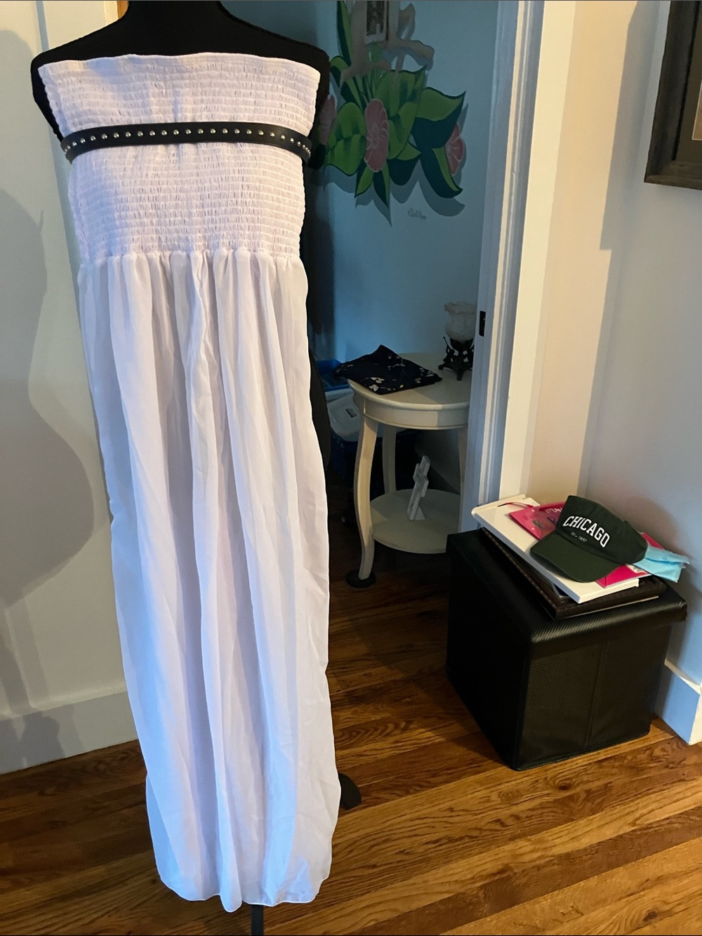 Source Unknown White Strapless Maxi Dress with Black Studded Trim